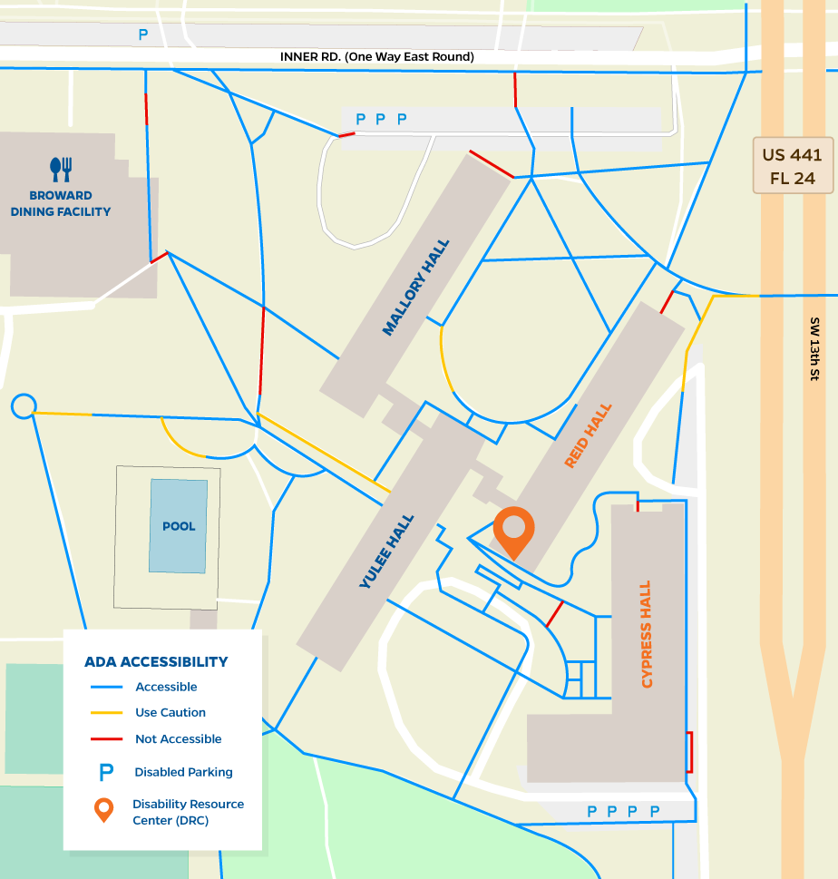 Map depicting Reid Hall located between Cypress Hall and Yulee Hall on the corner of SW 13th Street and Inner Rd. 