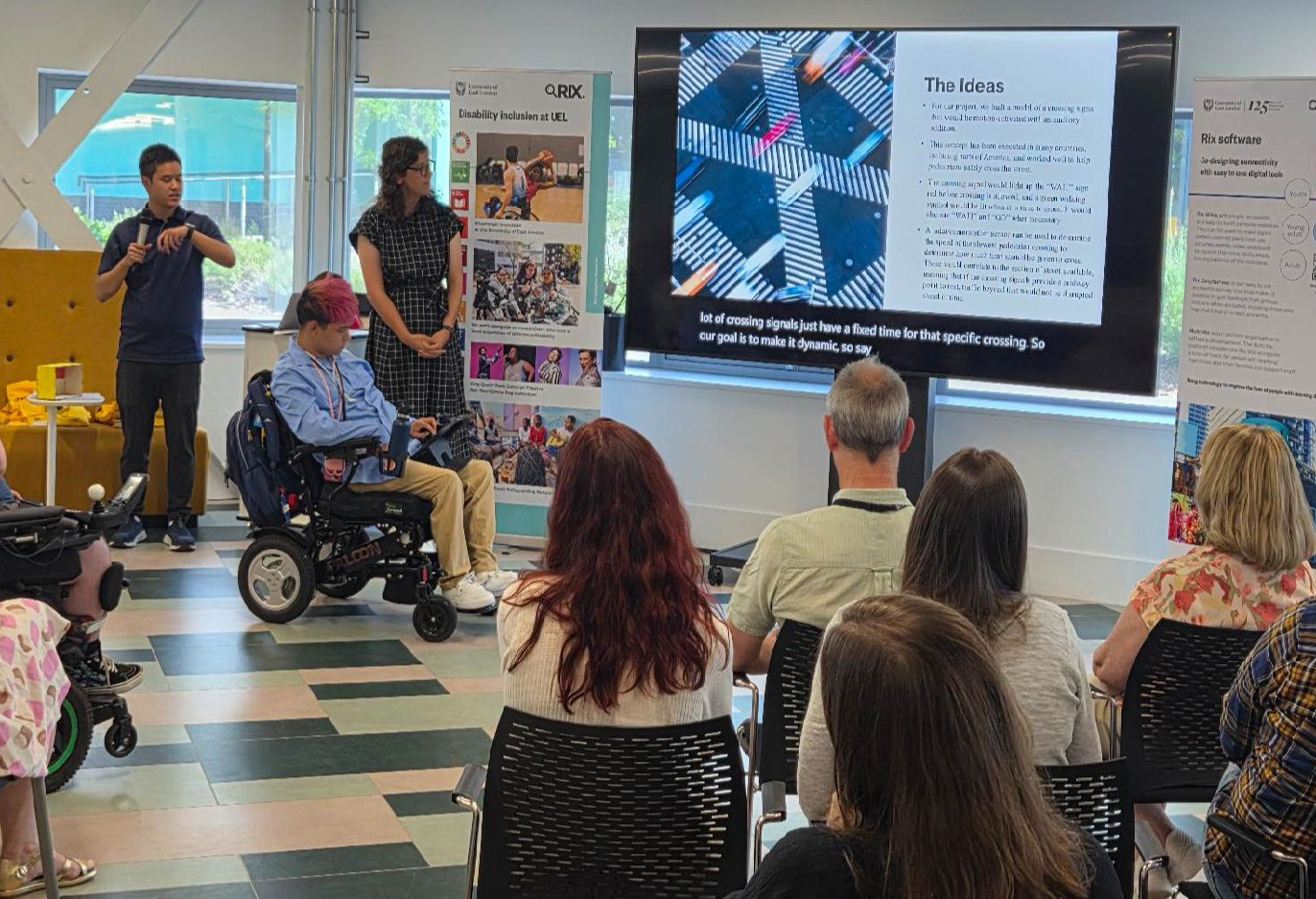 A group of students is presenting their  project during the study abroad trip.